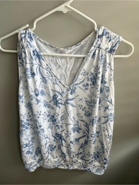 LOFT White and Blue Floral/Bird V-Neck Tank
